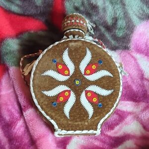 Vintage Leather And Glass Hungarian Folk Art Flask